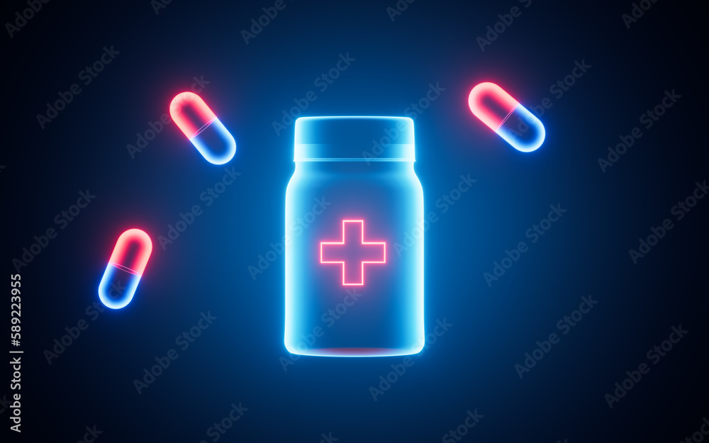 Glowing medicine bottles and floating capsules, 3d rendering. Glowing medicine bottles and floating capsules, 3d rendering.