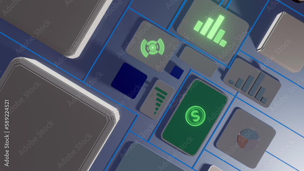 Top view of application system elements. web, financial network concept, communication, conduct financial transactions via smartphone, business technology Designed with 3D rendering. Top view of application system elements. web, financial network concept, communication, conduct financial transactions via smartphone, business technology Designed with 3D rendering.