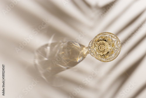 Top view of wineglass with white wine, palm leaf shadow and glare from glass at sunlight, summer alcohol drink background beige monochrome, creative aesthetic view of wine glass goblets style