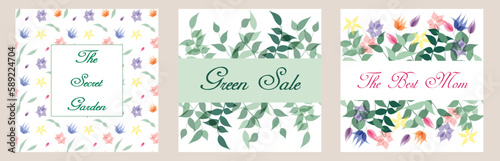 Set of elegant floral cards with seamless flowers bordure . Vector multicolored background.