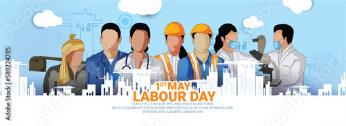  Labor Day ( 1st May) big Poster,banner With A Group Of People Of Different Occupations With abstract Background 