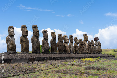 15 moai statues facing inland at Ahu Tongariki in Rapa Nui National Park on Easter Island (Rapa Nui), Chile. The Ahu Tongariki is the largest ahu on Easter Island.  
 photo