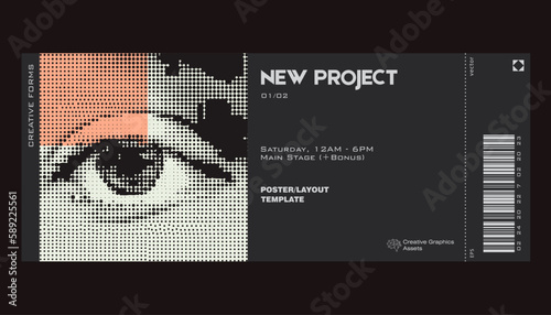 Modern exhibition ticket template layout made with abstract vector geometric shapes. Brutalism inspired graphics. Great for branding presentation, poster, cover, art, tickets, prints, etc.