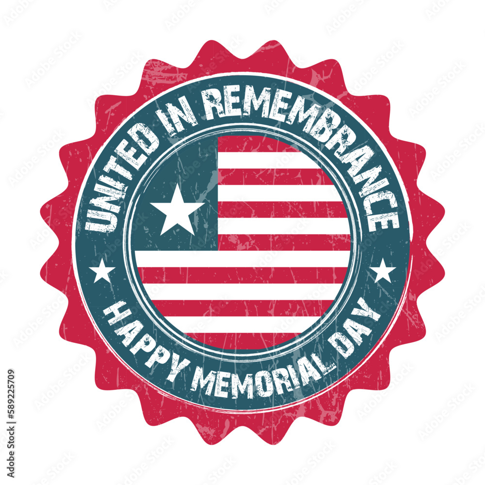 happy memorial day badge, seal, label, sticker, stamp with American national flag vector illustration with grunge texture