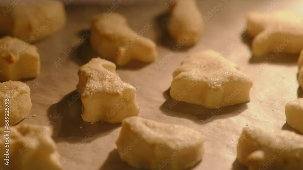 Process of baking cookies from puff pastry in the oven, timelapse. Cooking cookies in the shape of a heart, an Easter bunny and other animals Process of baking cookies from puff pastry in the oven, timelapse. Cooking cookies in the shape of a heart, an Easter bunny and other animals