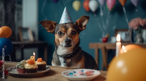 Dog wearing a birthday hat for his birthday party. Generative Ai © AI Visual Vault