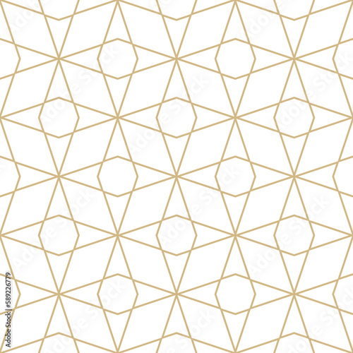Vector minimalist geometric seamless pattern with thin lines, diamond grid, lattice. Subtle gold and white texture with triangles, rhombuses. Luxury golden minimal background. Simple repeat design