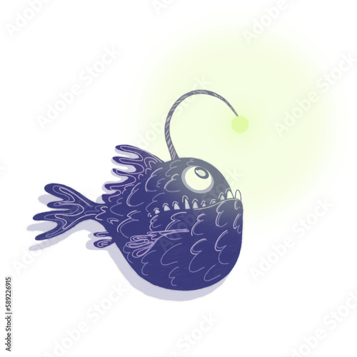 Illustration of the anglerfish in cartoon style. Bearded seadevil, deep seafish. photo
