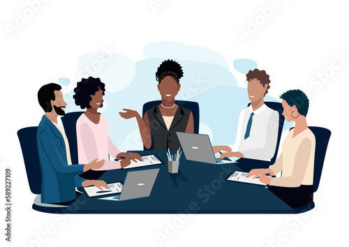 business meeting. Business men and women conference, study, hold a seminar, conference and discuss profit. Vector illustration in a flat style.