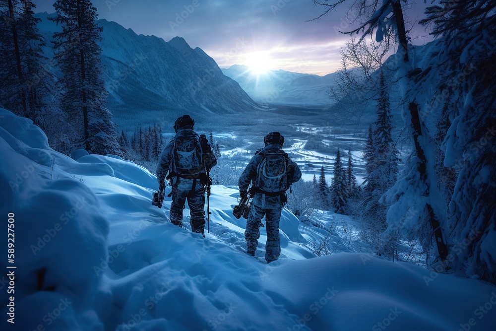 Navy SEALs on Covert Mission in Snowy Alaskan Forest, Generative AI