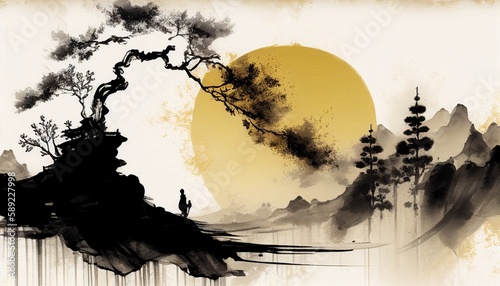 Ink painting Chinese classical Tang poetry style background,Generative AI