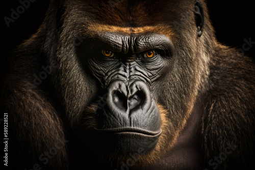 western Lowland Gorilla Gorilla, gorilla, with strong, angry look on face, Created using generative AI tools