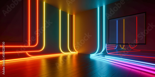 AI generated abstract space red yellow blue neon background with cuboid shapes glows in darkness.