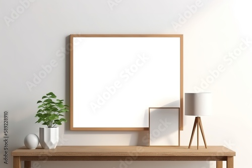 Blank wooden picture frame mock-up on wall in modern interior. Horizontal artwork template mock up for artwork, painting, photo or poster in interior design, Generative AI