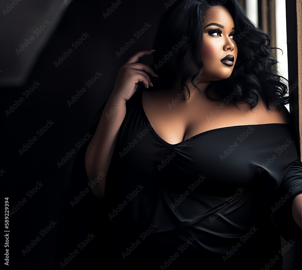 Beautiful African American brunette fictional plus size model wearing the black dress portrait. Body positivity and diversity. Generative AI