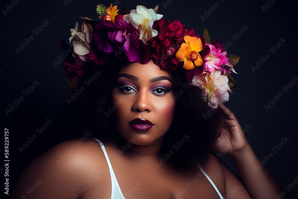 Beautiful African American fictional plus-size model wearing a flower wreath portrait. Body positivity and diversity. Generative AI