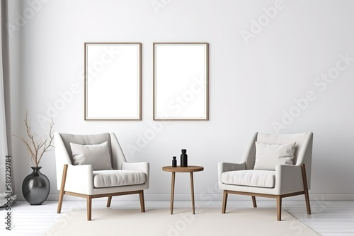 Large vertical poster frame mock-up on bureau | Gallery wall mock-up in cosy living room interior, frame mock-up, 3d render, Generative AI