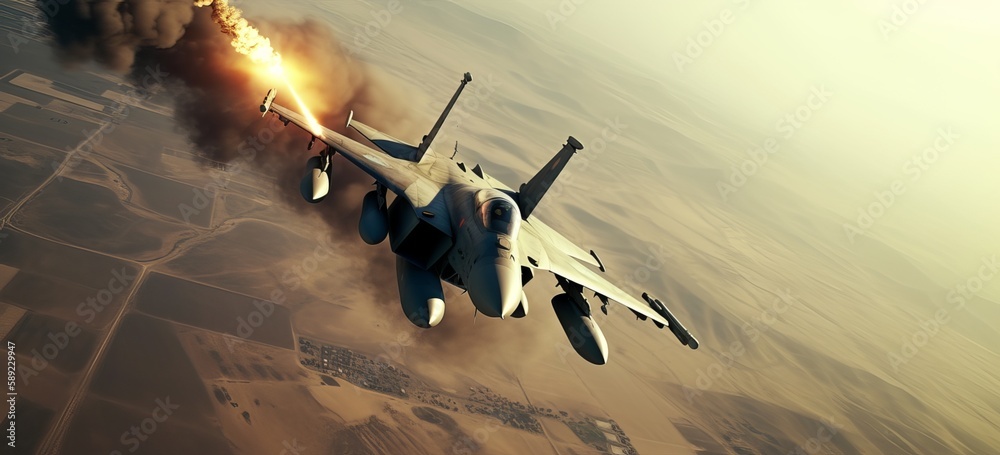 aerial high view of a generic military fighter jet crosses over a ...
