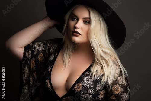 Beautiful blonde fictional plus-size model portrait wearing the black hat. Body positivity and diversity. Generative AI