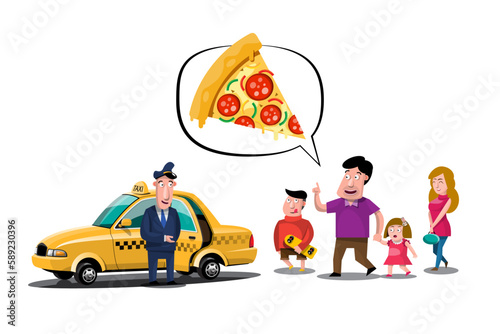 Taxi driver and taxi customers of the service. The butler took the family out to eat pizza by taxi service.