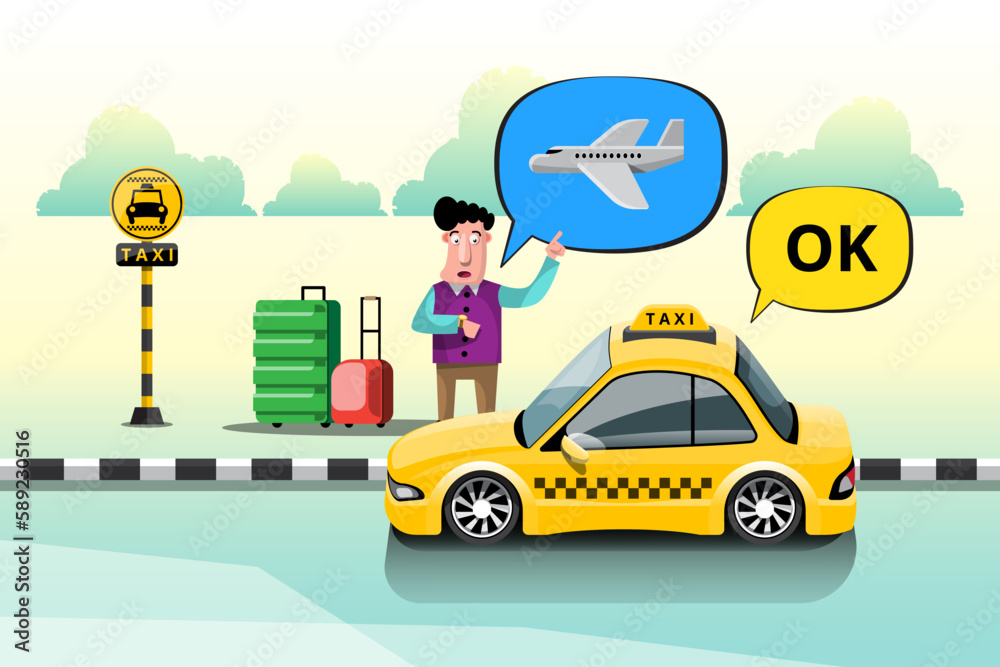 Naklejka premium Taxi driver and taxi customers of the service. A businessman tells a taxi the airport destination at a taxi stand in the city
