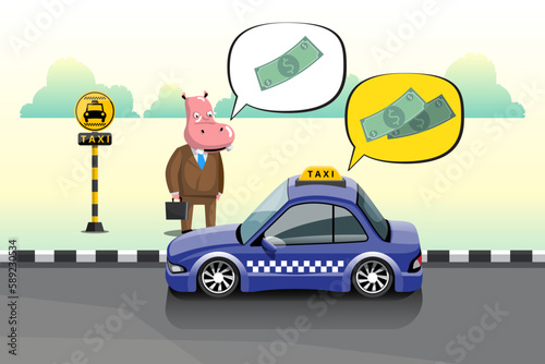 Taxi driver and taxi customers of the service. A businessman tells a taxi the airport destination at a taxi stand in the city