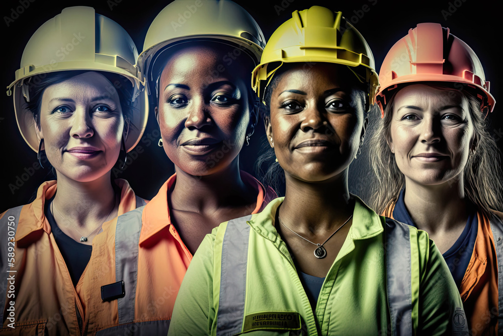 Group of diverse female workers in hard hats, Generative AI Group of diverse female workers in hard hats, Generative AI