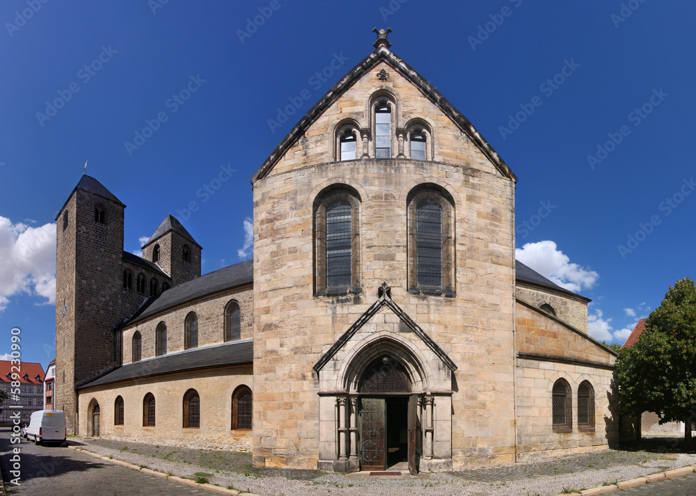 Panoramic view of the romanesque St. Moritz church with its transept gable in the old town of Halberstadt, Germany
