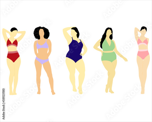 Body positive woman in bikini vector set. Female underwear illustration. Plus size and slim international and interracial woman.