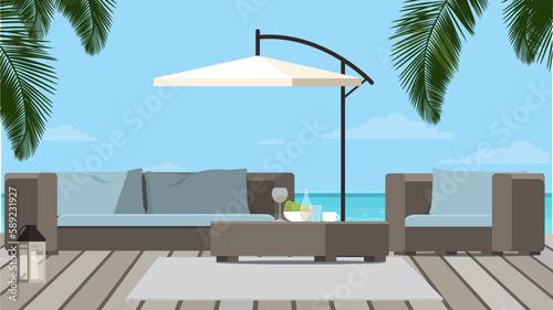 Beautiful terrace or balcony with small table, chair and flowers. Summer time Idyllic seating in the terrace with drink.