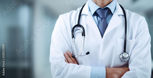 Doctor with stethoscope on background of the clinic. Based on Generative AI