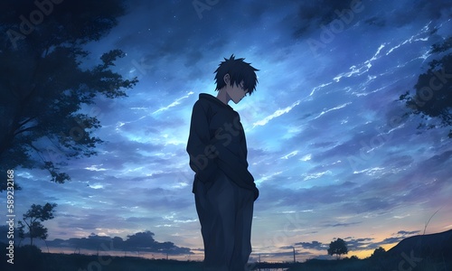 anime boy alone night scenery 4k - Rare Gallery, silhouette of a person, silhouette of a person in sunset, anime 4K wallpaper, Generative AI