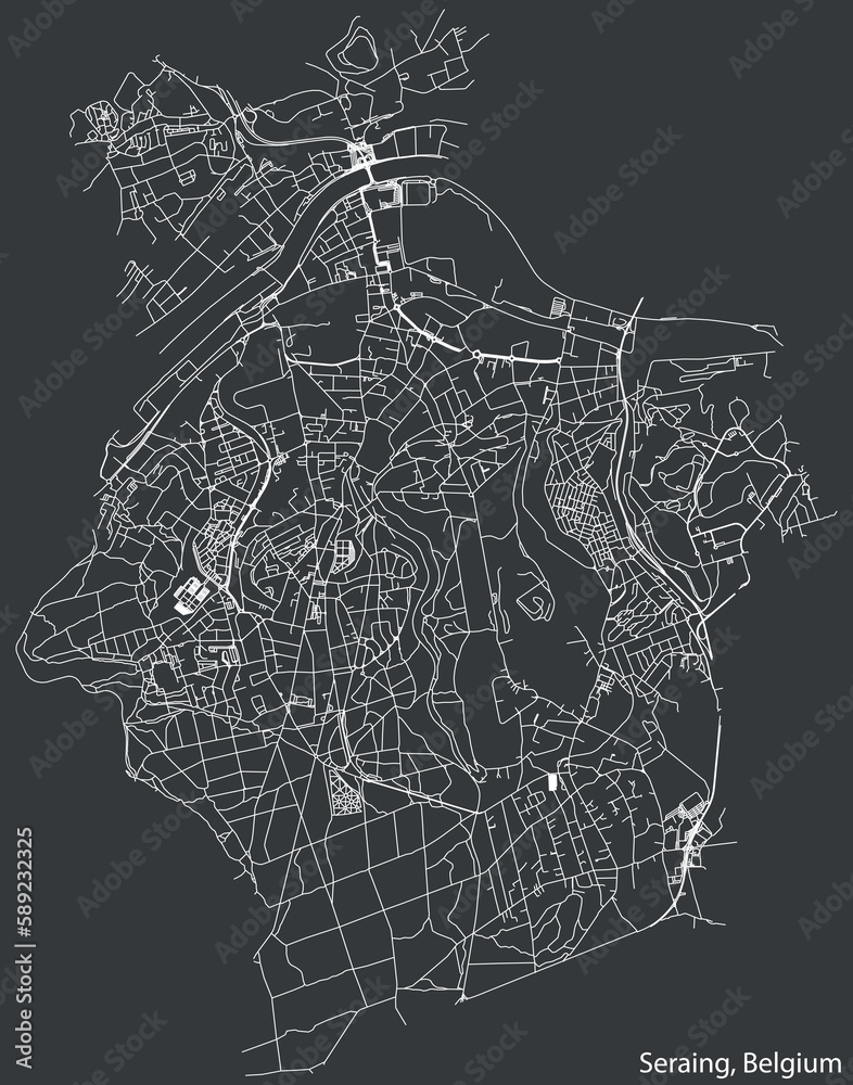 Detailed hand-drawn navigational urban street roads map of the Belgian city of SERAING, BELGIUM with solid road lines and name tag on vintage background