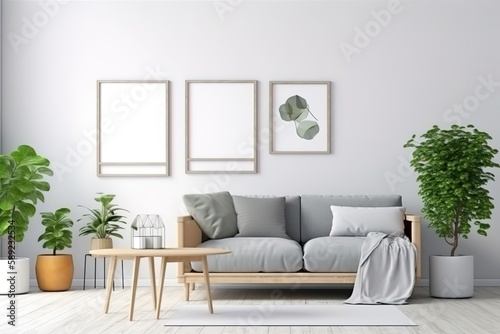 mock up poster frame in modern interior background, living room, Contemporary style, 3D render, 3D illustration   Gallery wall mock-up in cosy living room interior, Generative AI © Azar