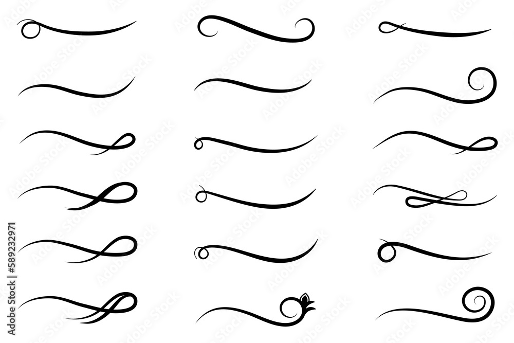 Underline text. Hand drawn collection of curly swishes, swashes, swoops. Calligraphy swirl. Highlight text elements.