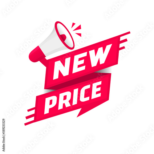 New price ribbon banner design, megaphone icon. Modern vector illustration.