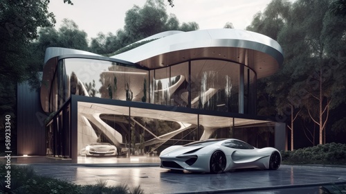 Elevate Your Lifestyle: Luxurious House & Stylish Supercar in a Bright-Light Outdoor Oasis with Breathtaking Views, Generative AI