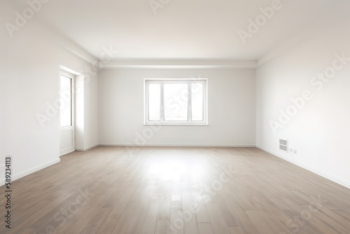 Interior with blank wall   Modern mid century and minimalist interior of living room  empty room   white wall and wood floor  3d render  Generative AI
