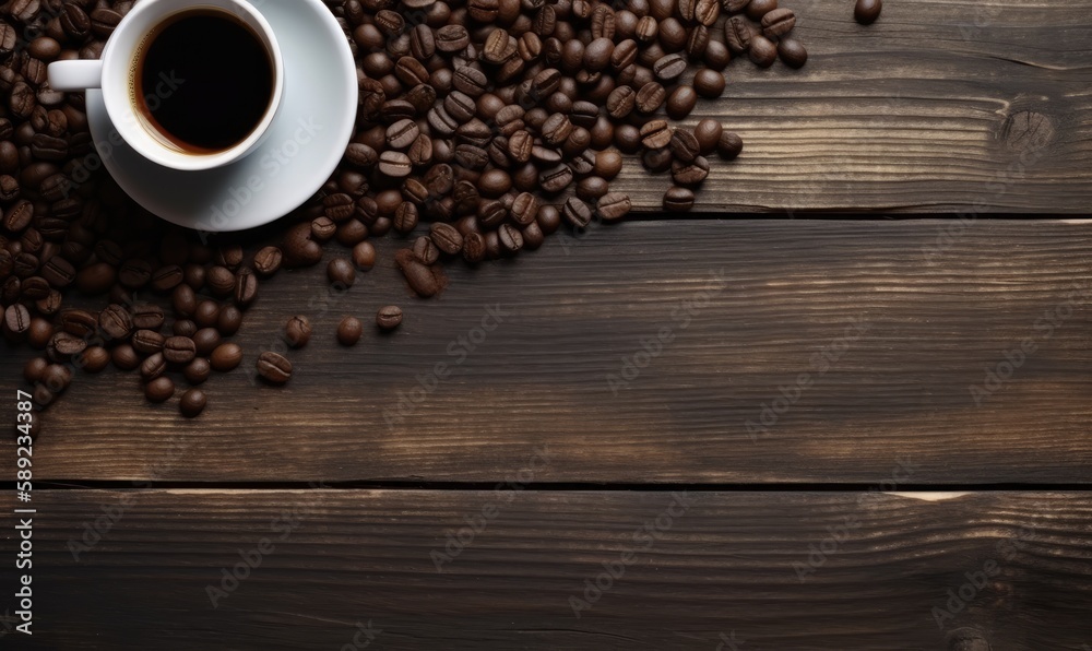 Coffee cup, beans on stone background. Top view with copy space. Creating using generative AI tools Coffee cup, beans on stone background. Top view with copy space. Creating using generative AI tools