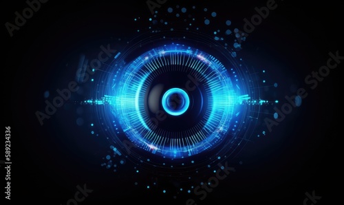 Future technology, blue eye light cyber security concept. Creating using generative AI tools