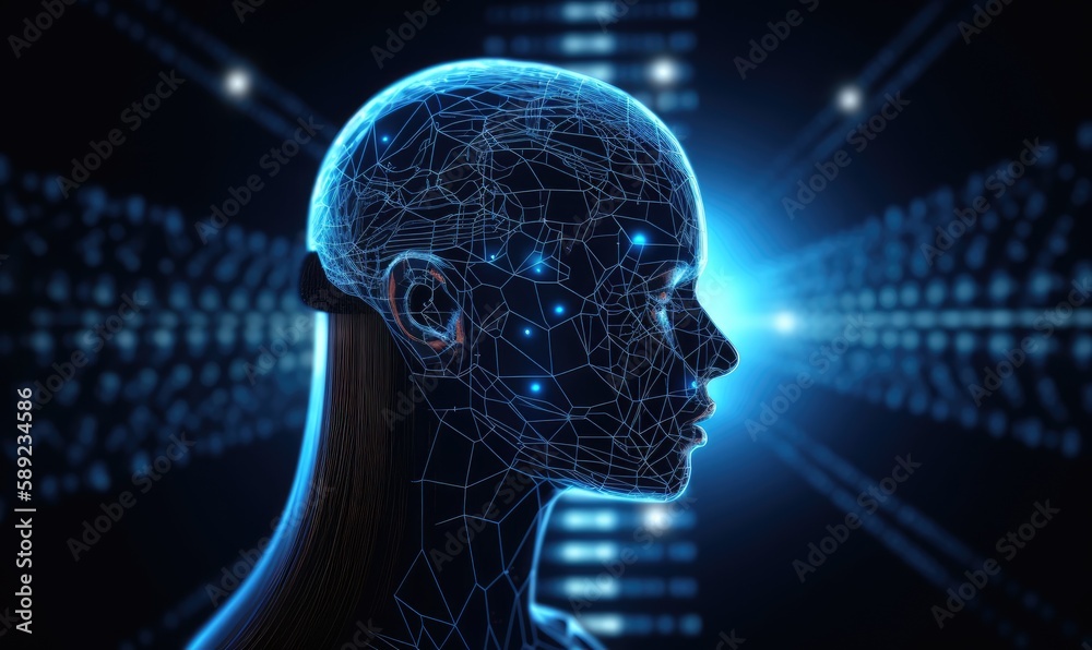 Female android with a human face and robotic body. Creating using generative AI tools Female android with a human face and robotic body. Creating using generative AI tools