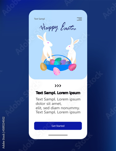 Happy Easter. White rabbits sit near a festive basket with Easter colorful eggs. Mobile app promotion social media post and web banner template on blue background. Communication, social networking 

