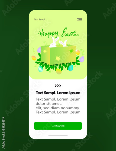 Happy Easter greeting card with cute white rabbits in a festive green box and eggs. Mobile app promotion social media post and web banner template. Editable creative business marketing website 