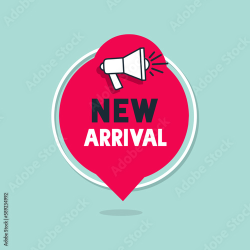 Banner new arrival megaphone icon design. Flat style vector illustration.