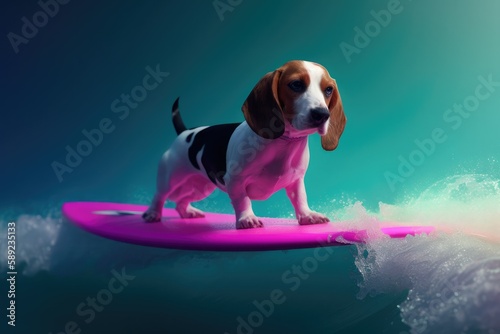 Surf's Up, Beagle! Catching Big Waves in Pink and Cyan - Beagle surfing on pink surfboard, pink and cyan, big waves