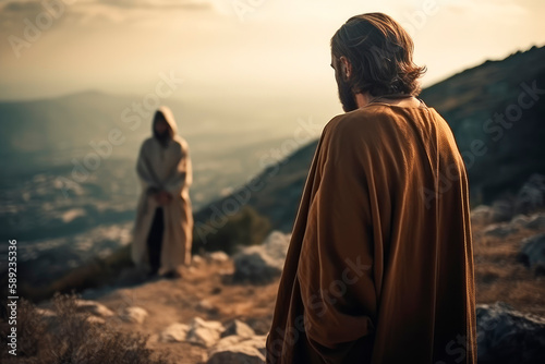 The devil tempts Jesus on the very high mountain. Generative AI.