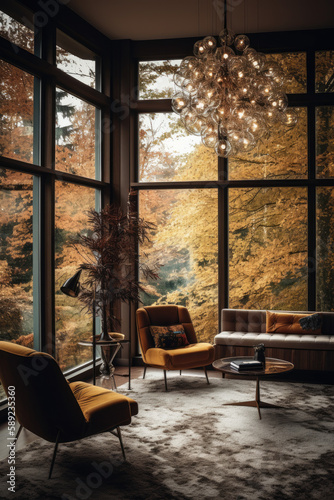 In the living room of a beautiful modern house there is a large window leading out to nature.