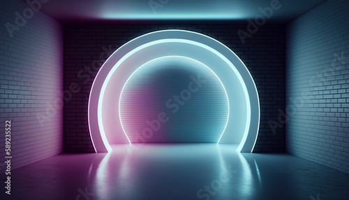 Empty dark room interior with white brick walls. Circle neon glowing lights. Dance studio or hall design. Generative AI