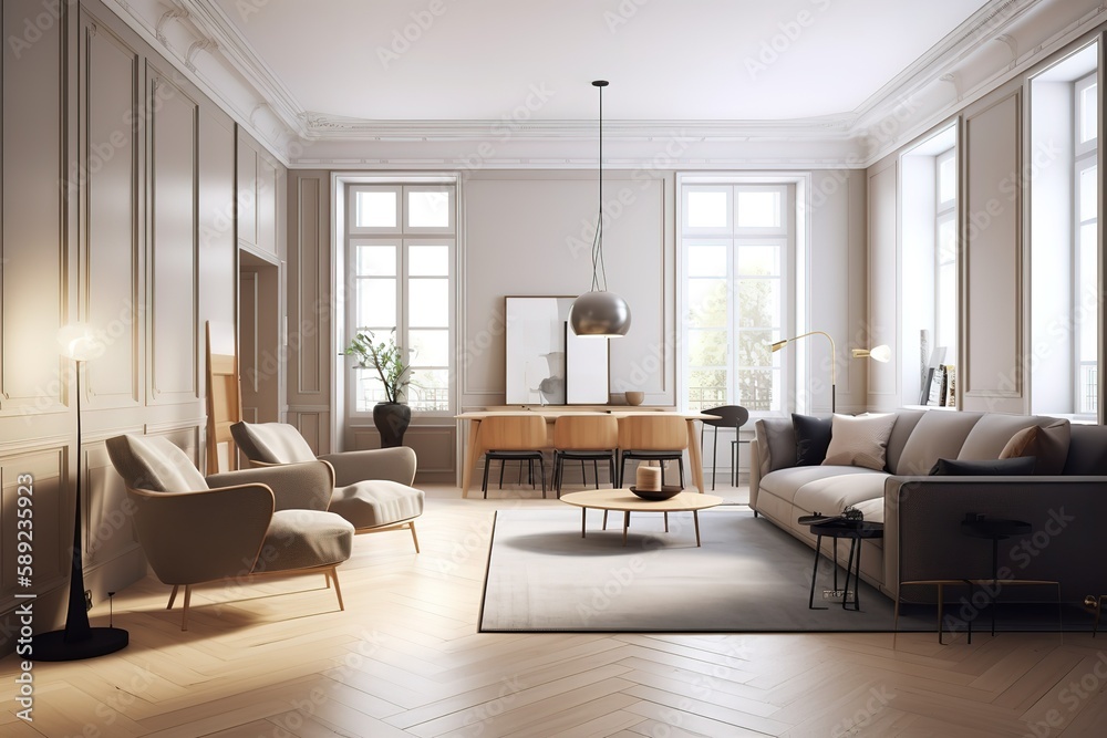 Bright living room interior with white empty wall | Beautiful contemporary living room home interior | Modern kitchen and modern living room in white interior design, Generative AI