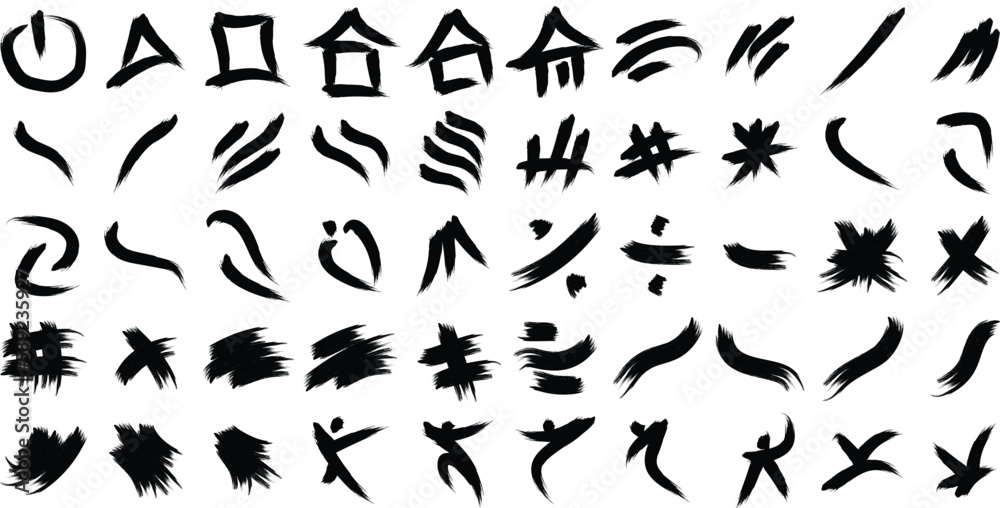 Fototapeta premium Hand Drawn Organic Shapes Dry Brush Stroke Black Set 50